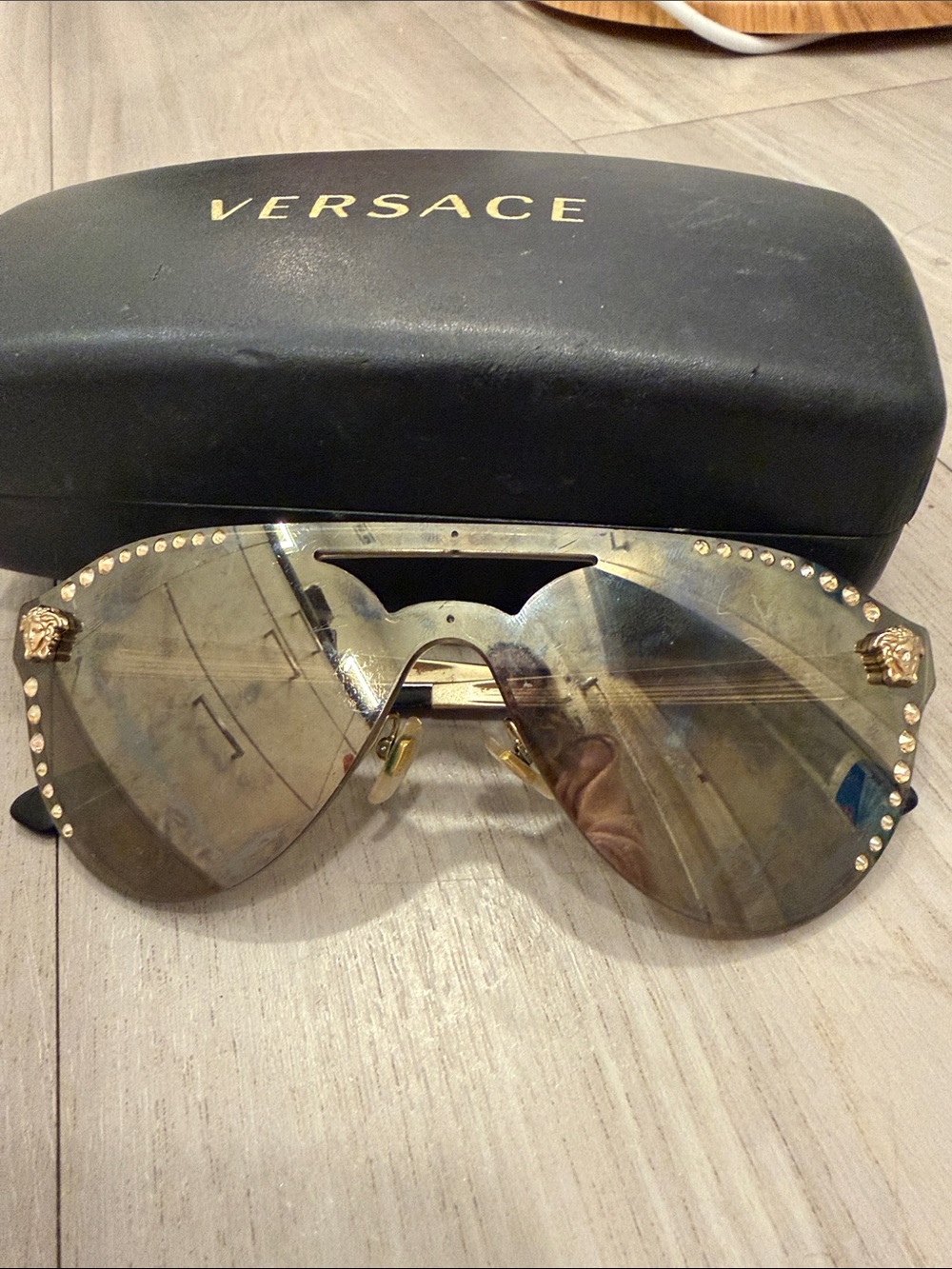 Versace Gold Shield Sunglasses with Crystal Accents